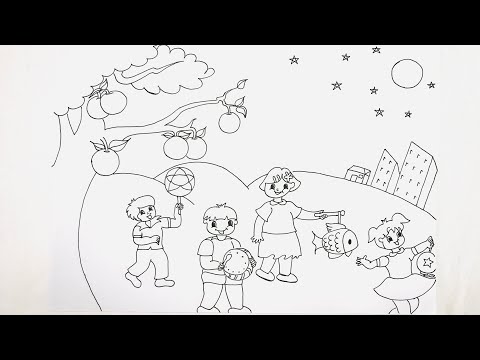 Tranh tô màu các em nhỏ rước đèn Trung thu