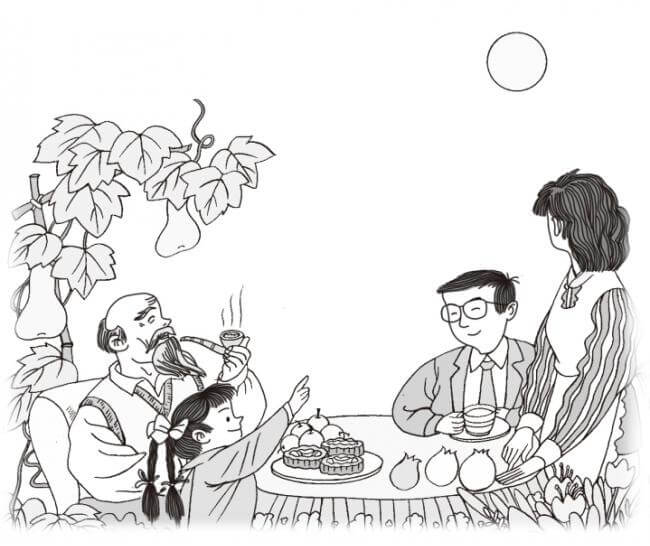 Tranh tô màu gia đình quây quần đón Trung thu bên mâm cỗ